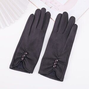 Stylish Gray Color Suede Gloves Short Casual Button Decor Stretchy Split Finger